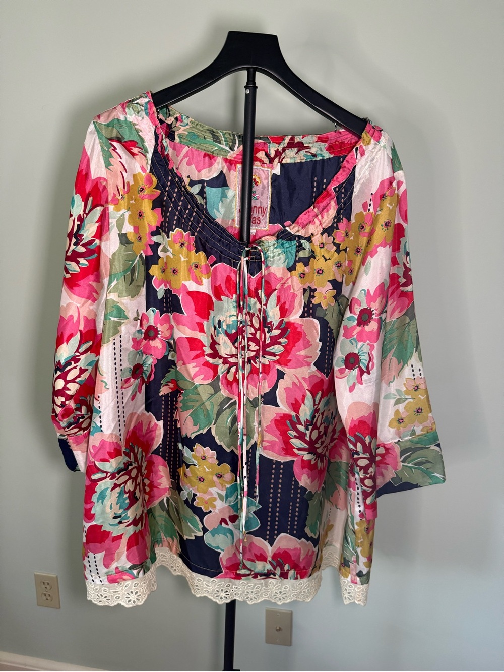 Johnny Was - Floral Peasant Blouse - Pink & Navy XXL